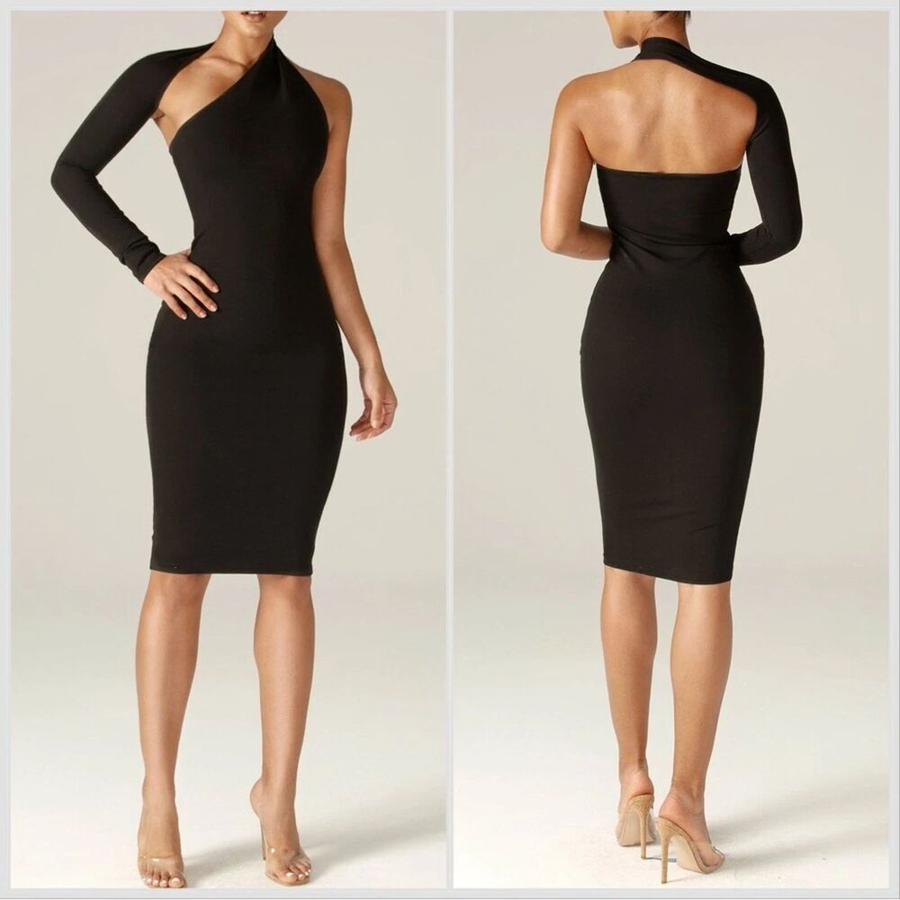 ALIEVA Dasha Black One Shoulder Long Sleeve Bodycon Mini Dress Size S